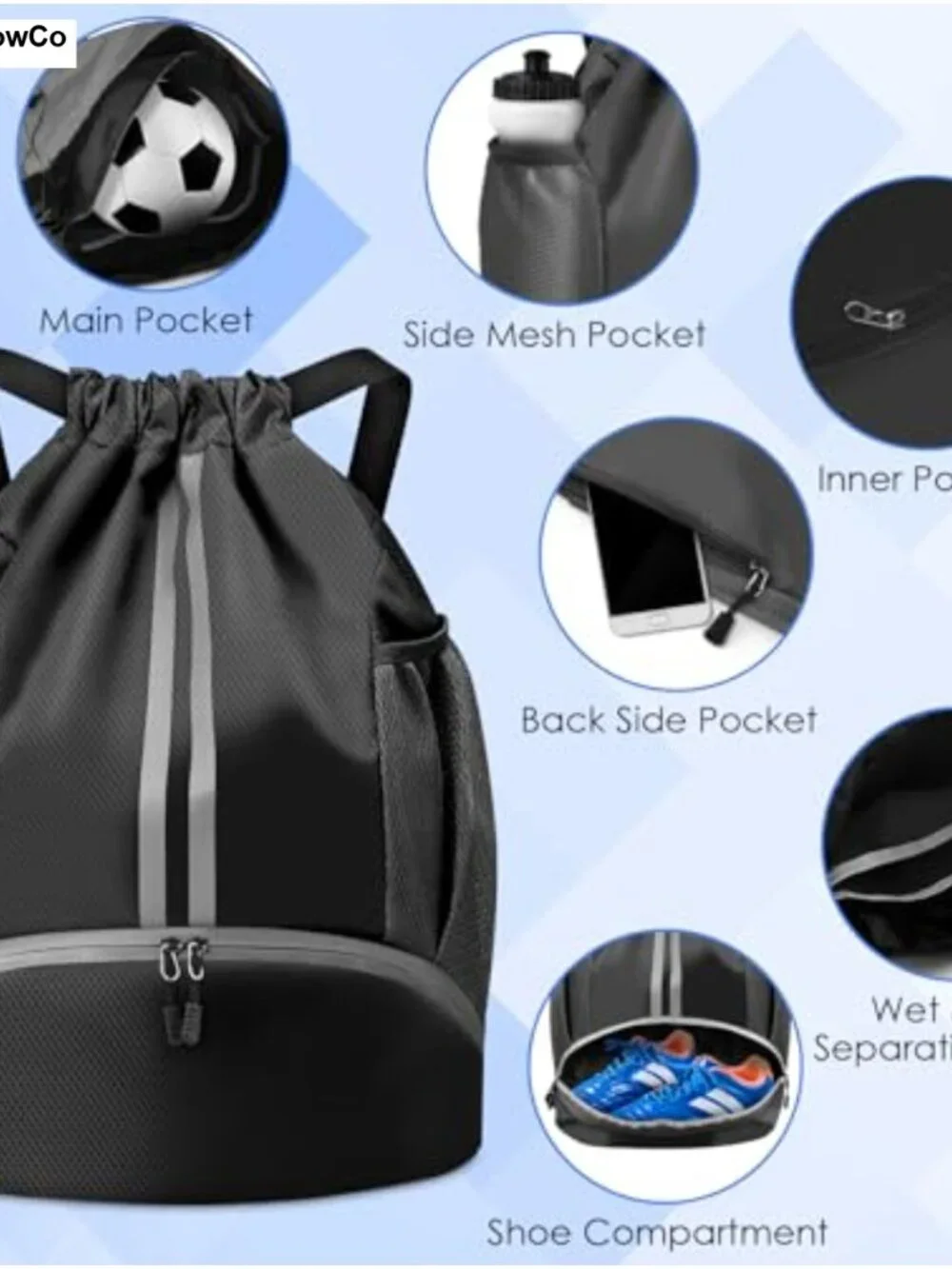 Waterproof Drawstring Soccer Bag Ball Shoe Compartment Sports Backpack